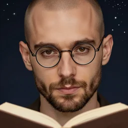 very detailed portrait of a very handsome french man wearing fine round glasses in his early thirties, shaved head, oval shaped face, nice beard, ( ( deep brown eyes ) ), strong nose down, earthy color scheme, by wlop and tyler oulton, detailed eyes, reading a book. starry background, trending, on artstation.