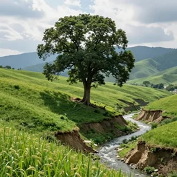 green hills, big old tree, erosion channels river, landslide road, background mountains, high summer, cloud godrays, heavy grain, high quality,