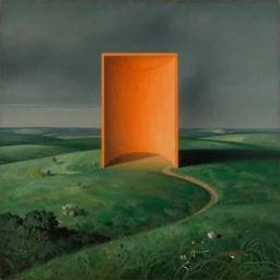 green plains with an orange Oblivion portal, surrealist painting by Rene Magritte