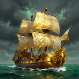 fantasy, digital painting, hd, ultra - detailed. bloom, lighting. gold galleon ship, green sea, storm.