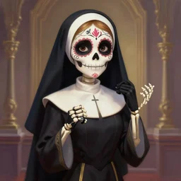 cute & beautiful smiling mexican undead skeleton girl dressed as a nun, elegant, digital art, fantasy, pixar style, painting, pin up, highly detailed, artstation, art by artgerm, vrubel, boris vallejo and ilya kuvshinov