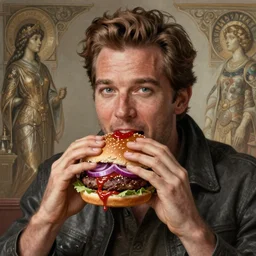 portrait of a Marc Summers eating a hamburger, extra onions and ketchup, luscious patty with sesame seeds, masculine, handsome, D&D, fantasy, intricate, elegant, highly detailed, digital painting, artstation, concept art, matte, sharp focus, illustration, art by Artgerm and Greg Rutkowski and Alphonse Mucha