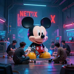 the wide shot of a group of people repairing the cyber mickey mouse in hangar room, a netflix logo on the background, cyberpunk art by greg rutkowski, cgsociety, retrofuturism, concept art, neon light, 1 8 mm lens