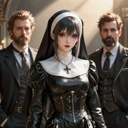 1 wlop and krenz cushart and alfons mucha detailed close portrait digital concept of a anime dark evil gothic nun posing in leather, sunbeam, unreal engine 5, hyperrealism, cinematic composition, blender render, octane render, hdr, detailed textures, 8 k, award winning art, trending on artstation, artgerm,
