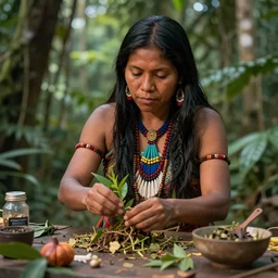 a beautiful indigenous woman preparing plant medicines in the jungle, highly detailed, art by christophe vacher