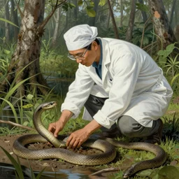 snake oil researcher digging through the dense swamps of Formosa, painting by Edward Hopper, 3D render by Beeple, sketch by R. Crumb