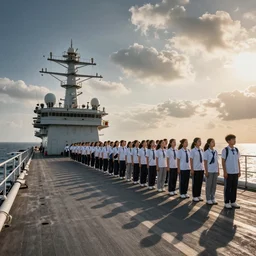 A high school class on a school trip, standing on the deck of an aircraft carrier