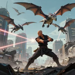 mace windu fighting a group of pterodactyls flying over him in a destroyed cyberpunk city shooting lasers by greg rutkowski