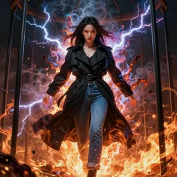 a goddess of destruction dressed in a black trench coat, and jeans, angry, divine, glowing, prismatic, smoke, plasma, lightning, inferno, explosion, tornado, cage, in a symbolic and meaningful style