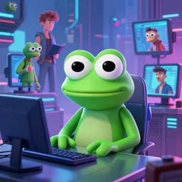 cyberpunk pepe the frog, futuristic city, computers, dylan kowalski, marat zakirov, albert ramon puig, trending on artstation, 8 k