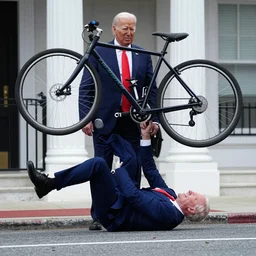 full body shot ultra realistic photo of joe biden falling off of his bike in front of donald trump, film, perfect face, in the style of a candid photo, perfect face