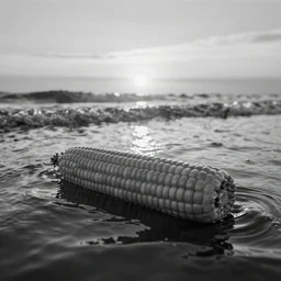 corn floating in ocean, waves, sunrise, vintage coutry style, black and white, detailed