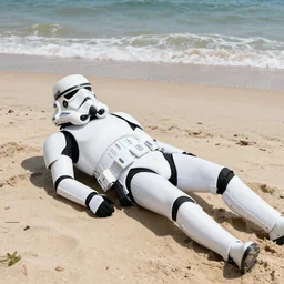 a stormtrooper laying on the beach getting a tan.