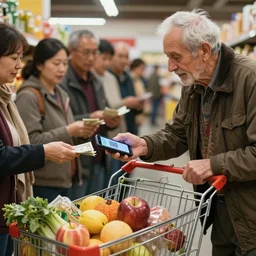 old wrinkled man paying for groceries using his smartphone, the shopping cart overflowing with fruit and other groceries, smartphone displays a qr code, next to man is a long line of customers waiting with money in their hand
