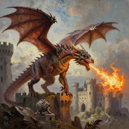 hyperrealistic fantasy oil painting, as a book cover illustration, of a lifelike medieval dragon breathing fire upon a castle, as a dark souls boss, ultradetailed, surrounded by cold taiga, high readability, trending on artstation, dreamlike, art by brothers hildebrandt
