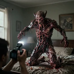 a long shot photograph with camera flash of a male demonic creature made of slimy oozy meat and veins inside a bedroom attacking the pov, photorrealistic, render octane, concept art, film, dslr