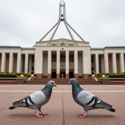 shrimp fighting a pigeon in front of Canberra Parliament House