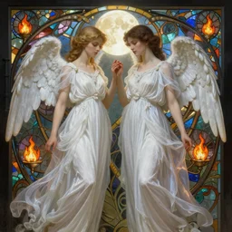 Angels lovers in white gauze dresses, male and female, the glow of the moonlight, fire stainglass, intricate, elegant, highly detailed, digital painting, artstation, concept art, matte, sharp focus, illustration, art by Artgerm and Greg Rutkowski and Alphonse Mucha