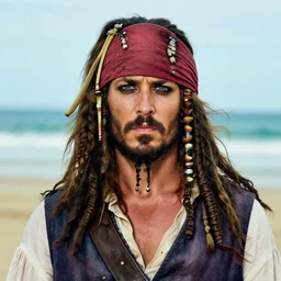 a award winning outdoors beach portrait photo of a charismatic rugged pirate captain with brown beard and light brown long hair, faded teal coat and slightly chubby, black pompous pirate hat movie color graded