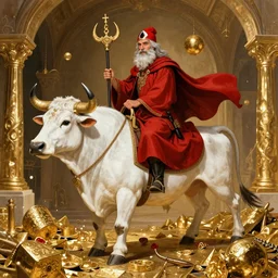 Turkish sorcerer dressed in red ridding a white bull inside a crypt full of gold, Tyler Jacobson style