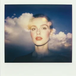 vintage polaroid analog photo of eva green, lush lips, round eyes, blush, big clouds, sunlight, golden hour, warm azure tones, heavy lensflare, color bleed, film grain, jules bastien - lepage, rudolph belarski, johfra bosschart, alexandre cabanel