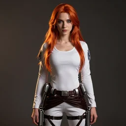 a portrait of a white woman in her twenties, she has long redorange hair, wearing attack on titan uniform pants, white long tanktop, style by donato giancola, wayne reynolds, jeff easley dramatic light, high detail, cinematic lighting, artstation, dungeons and dragons