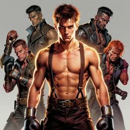 steampunk aaron taylor johnson as a pugilist, shirtless, suspenders, in the style of artgerm and charlie bowater and atey ghailan and mike mignola, epic lighting, vibrant colors and hard shadows and strong rim light, very coherent, comic cover art, plain background, trending on artstation