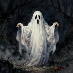A very spooky ghost haunting discord and tugging, watercolor, Halloween, dark background, foreboding, ominous