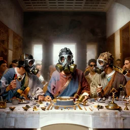 the last supper in gas masks, hyperrealistic, volumetric golden dappled dynamic lighting, highly detailed, sharp focus, elegant, by victo ngai