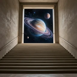 a large staircase leading to a doorway, the inside of the doorway leads to a galaxy with planets and stars, cinematic, ultra realistic, 8k, render