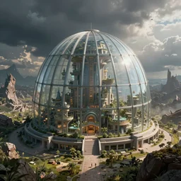 a giant glass dome surrounding a utopian society, surrounded by an apocalyptic landscape, digital art
