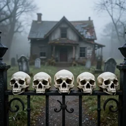 skulls placed in a row on a wrought iron gate, in the background a dilapidated house surrounded by tombstones, fog, gloomy atmosphere tim burton style
