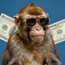 A monkey with golden sunglasses on, and there is some dollars in the background, blue background, studio lighting, 4k, award winning photography