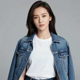 beautiful woman wearing a white T-shirt and a denim jacket, medium shot, photography, high quality, studio lighting, 4k,
