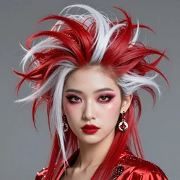 Japanese model with maximalist hair style and makeup, bright colors, fashion model, unreal engine octane, red and white, portrait, gliter, depth of field, 8k, hyper detailed, intricate, trending on artstation