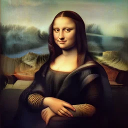 a portrait of a woman painted in italian renaissance chiaroscuro style. the woman in the painting is shown seated with her hands folded in her lap. she is wearing a simple dress with a pattern of flowers. brunette. her black long hair is pulled back from her face and she has a small, faint smile. the background of the painting is a landscape of rolling hills and mountains. the sky is a light blue, and there are small clouds in the distance.