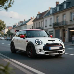 mini cooper gts race in shape of silvia rocket bunny kit in the middle of a road on europe city, cinematic color grading, unreal 5, hyperrealistic, realistic, hasselblad photo, dynamic lighting, highly detailed, cinematic landscape, studio landscape, studio lighting, modern car design