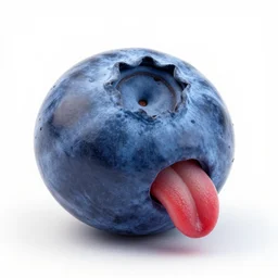 a talking blueberry with a big red tongue on a white background commercial