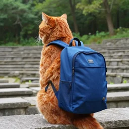 Jinjo with velvety orange fur and a blue canvas backpack at a stone amphitheater in a forest