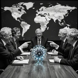 black and white photo of world leaders around a table pointing and laughing at a holographic virus