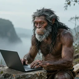 a neanderthal discovering the wonders of modern technology