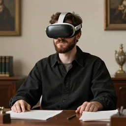 Pre-Raphaelite portrait of a young beautiful brown-haired bearded male sitting in office wearing oculus quest