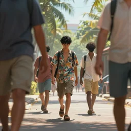 a cinematic extreme close - up of highly intricate people in casual wear walking in the street, tropical morning, shallow depth of field, highly detailed, digital painting, trending artstation, concept art, illustration, cinematic lighting, vibrant colors, photorealism, epic, octane render