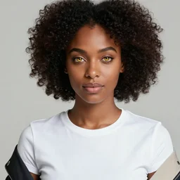 black woman with golden eyes, curly hair, white t - shirt, jacket over top, freckles, trending on artstation, digital art, illustration, high quality drawing