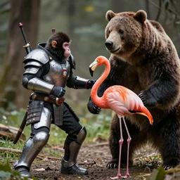 monkey-flamingo hybrid in battle armor fighting a grizzly bear