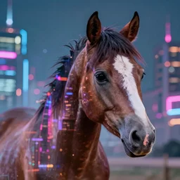 3 5 mm photo of a cute horse portrait, with doble exposure of a futuristic cyberpunk city, neon, ultra realistic, detailed, bokeh, 4 k.