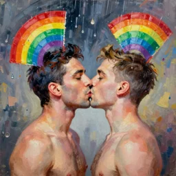 two gay men kissing as rainbows explode their heads, oil painting