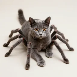 a russian blue cat with 8 legs in the shape of a spider, hyper realism, 4 k ultra hd, highly detailed