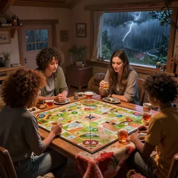 boardgame party, thunderstorm outside, cozy cabin, blanket, tea, drinks, curly hair, by herbert james harper, volumetric lighting, global illumination, smooth, concept art, sharp, 4 k, highly detailed