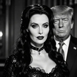 b & w photo of morticia addams with donald trump's face